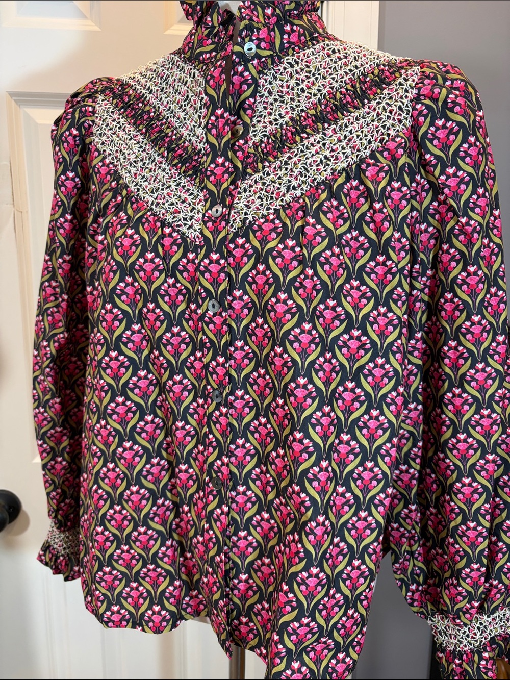 entro Pink Floral Smocked Yoke Blouse on Black